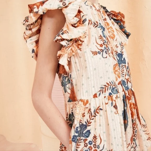 Ulla Johnson Etta Floral Ruffle Sleeve Midi Dress Boho Swing Prairie Dress - Picture 5 of 13